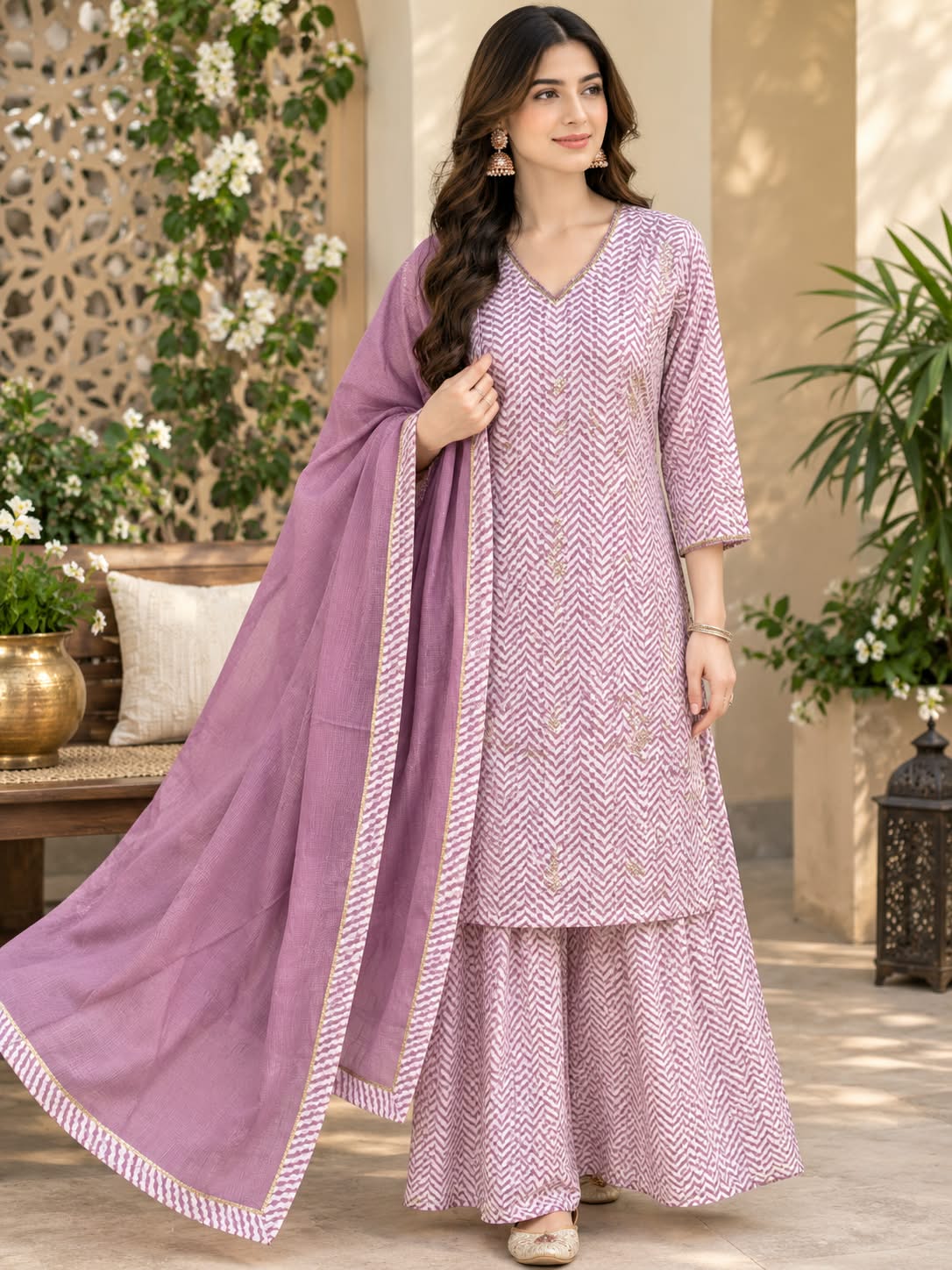 Mauve Printed Cotton 3-Piece Suit with Chevron Pattern & Dupatta