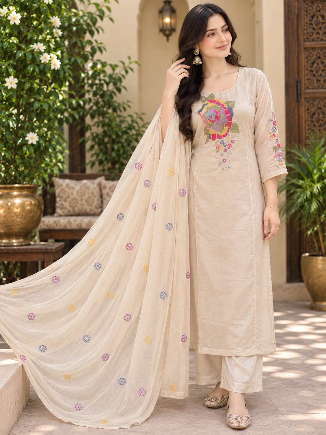 Cream Floral Embroidered Silk 3-Piece Suit with Dupatta