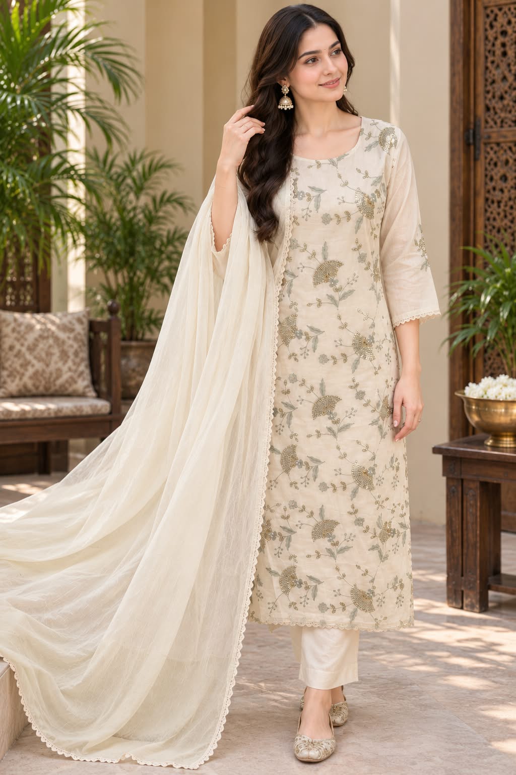 Cream Floral Printed Cotton 3-Piece Suit with Dupatta