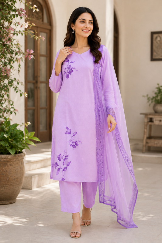 Lavender Floral Printed 3-Piece Suit with Dupatta