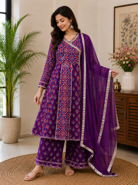Purple Printed Cotton 3-Piece Suit with Embellished Border