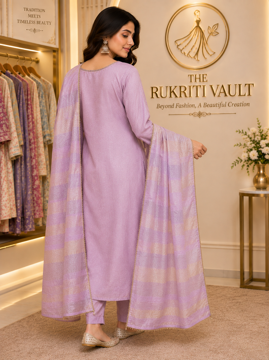 Lavender Fork-Style 3-Piece Suit with Knot & Sequin Work