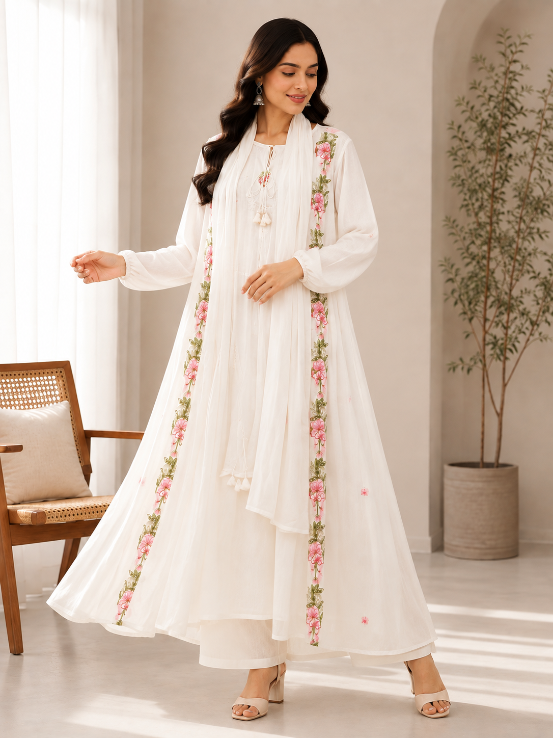 White Floral Embroidered Fork-Style 3-Piece Suit