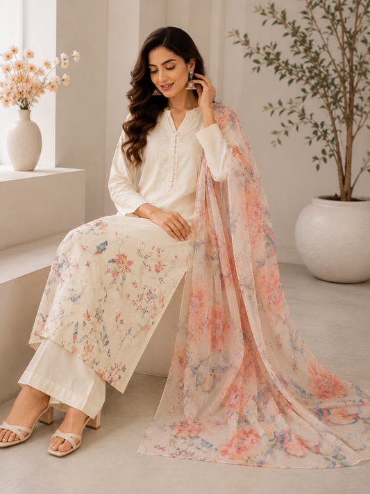 Ivory Floral Thread Work 3-Piece Suit in Glace Cotton