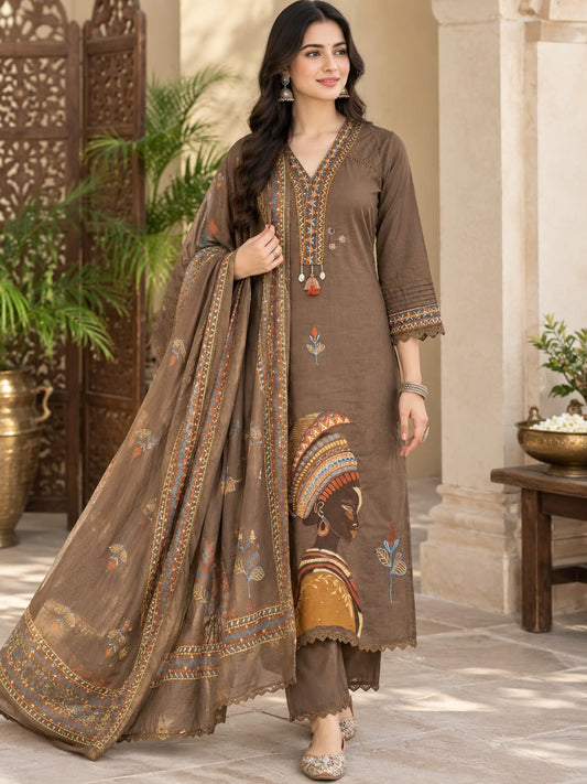 Brown Printed Cotton 3-Piece Suit with Designer Dupatta