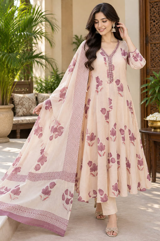 Peach Floral Printed Cotton 3-Piece Suit with Dupatta