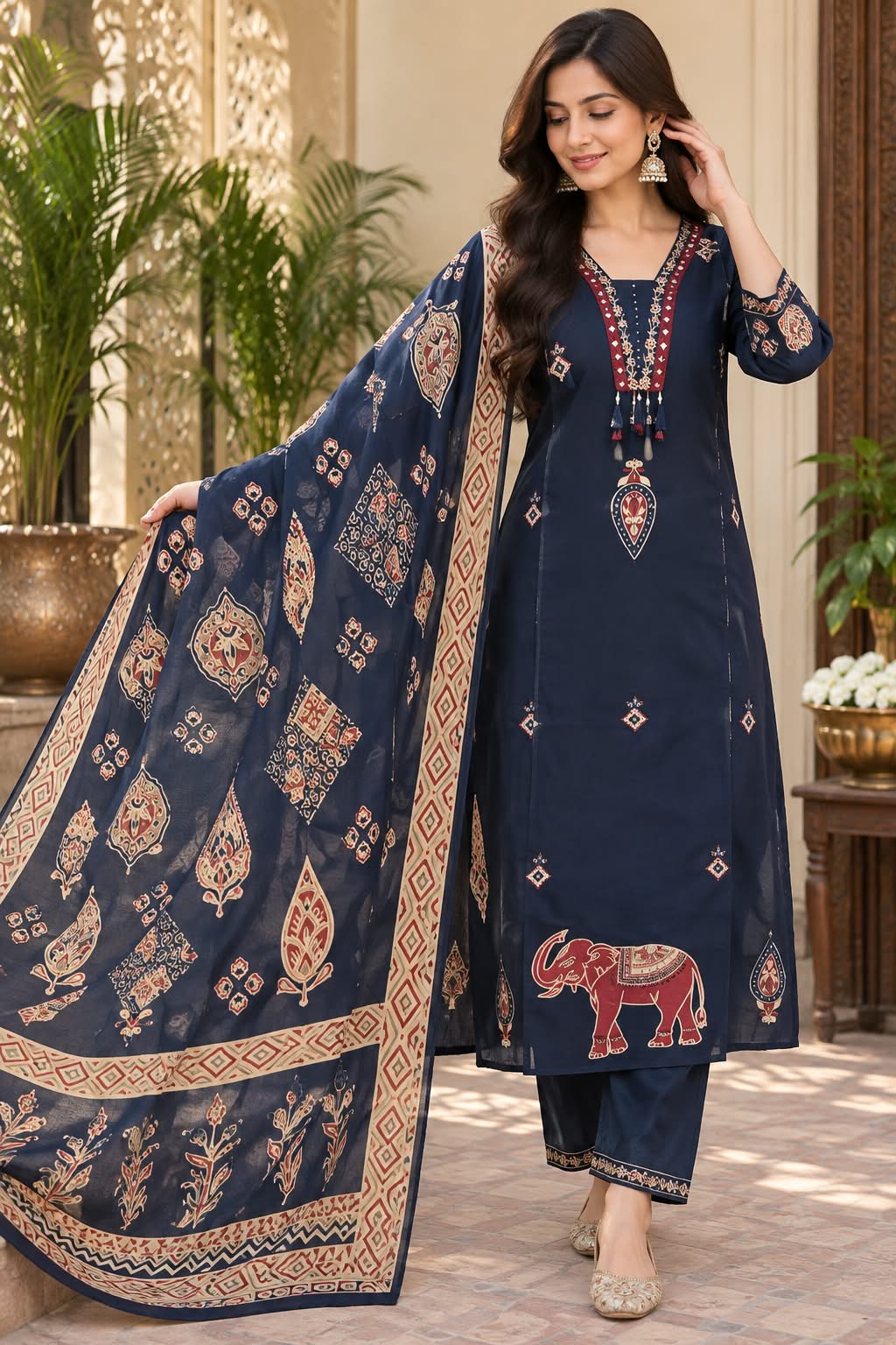 Navy Blue Printed Cotton 3-Piece Suit with Designer Dupatta