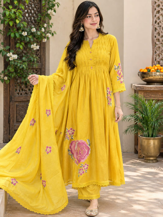 Yellow Floral Embroidered Cotton 3-Piece Suit with Dupatta