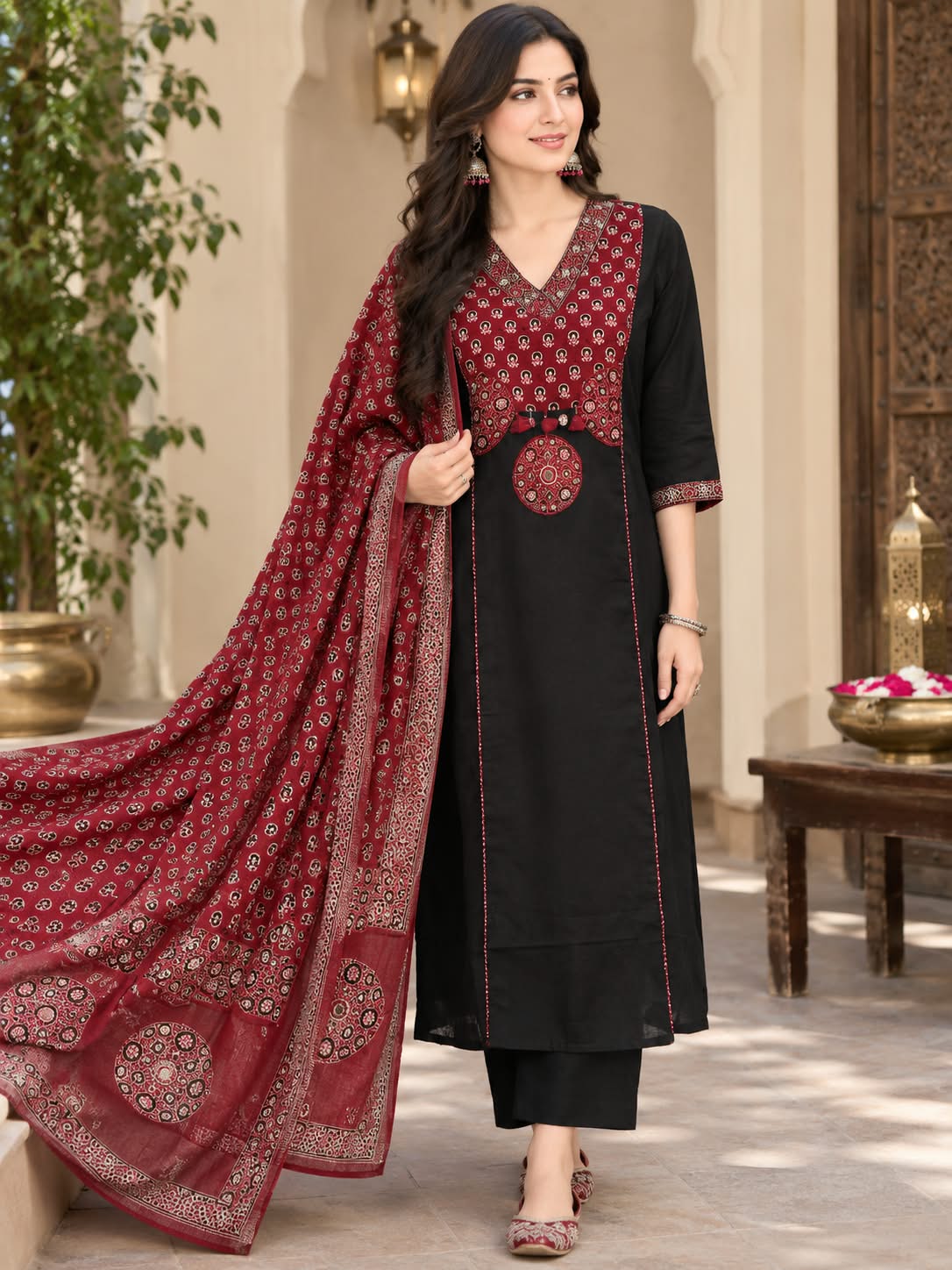 Black & Maroon Printed Cotton 3-Piece Suit with Printed Dupatta