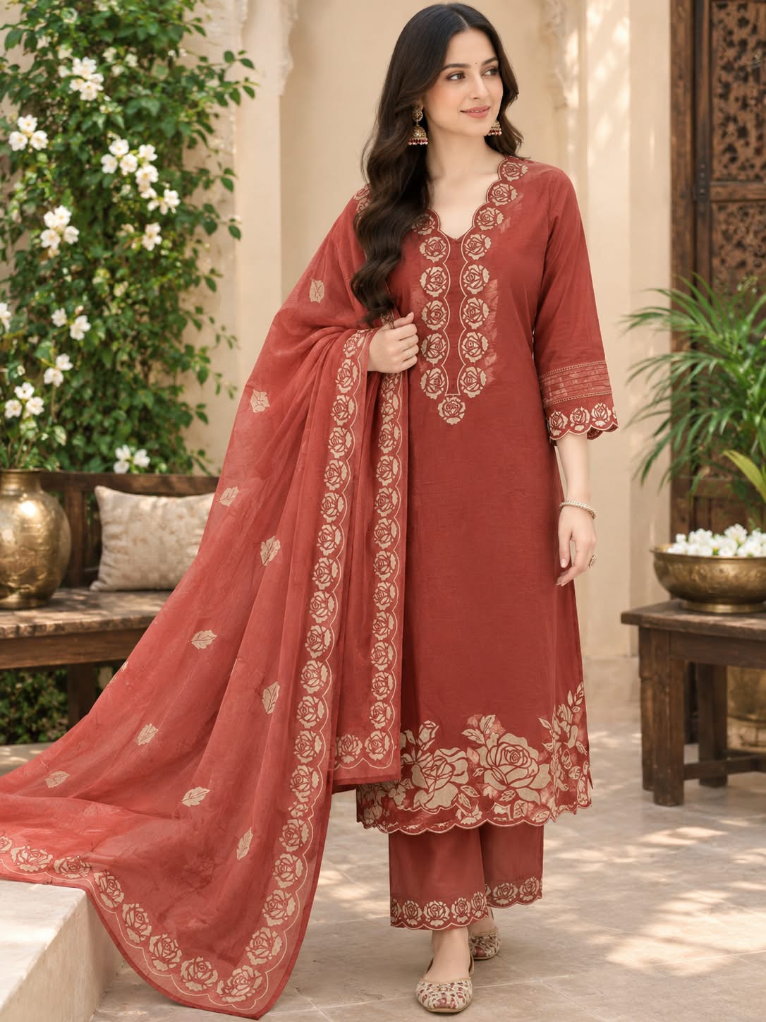 Rust Floral Printed Cotton 3-Piece Suit with Printed Dupatta
