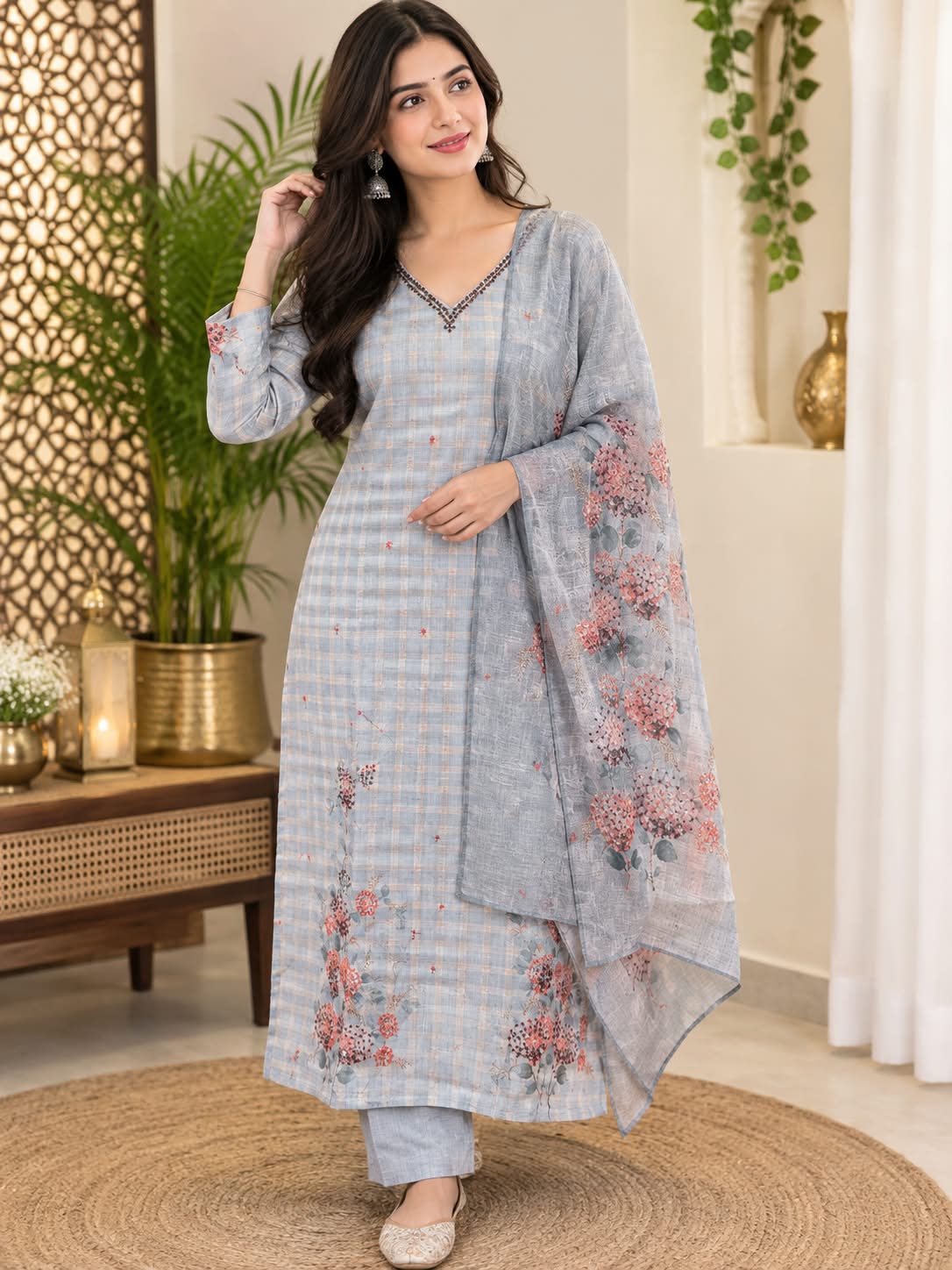 Light Blue Floral Printed Cotton 3-Piece Suit with Dupatta