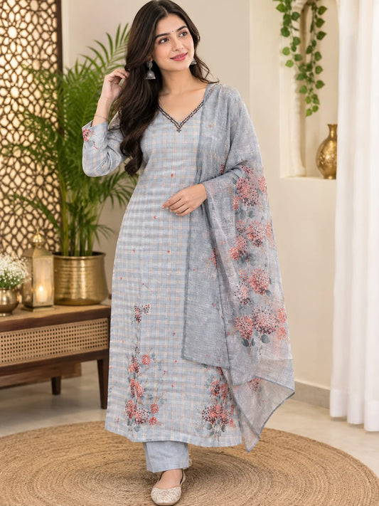 Light Blue Floral Printed Cotton 3-Piece Suit with Dupatta