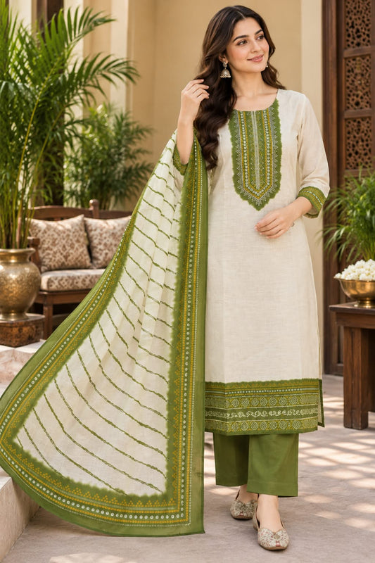 Cream & Green Printed Silk 3-Piece Suit with Traditional Border