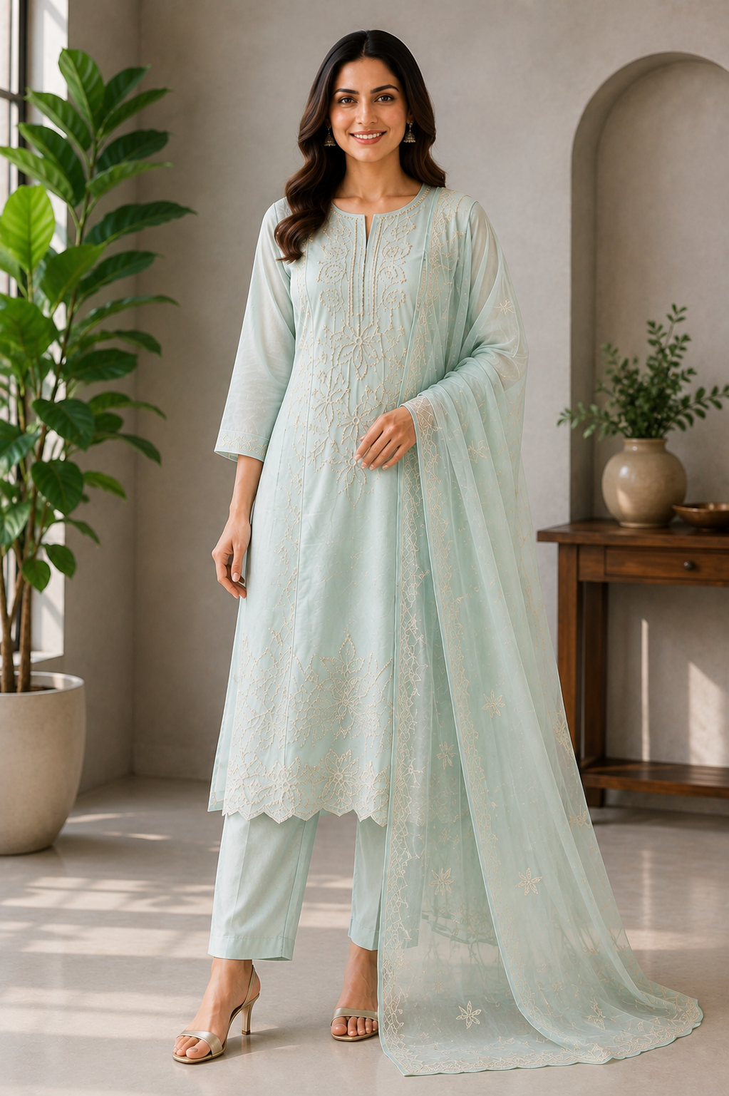 Mint Green Hand-Embroidered Silk 3-Piece Suit