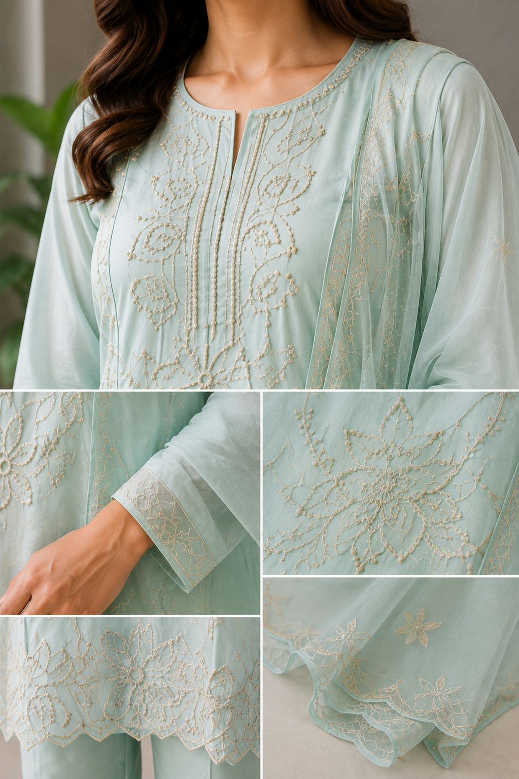 Mint Green Hand-Embroidered Silk 3-Piece Suit