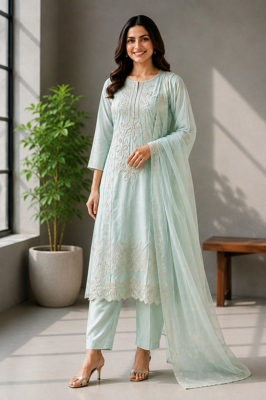 Mint Green Hand-Embroidered Silk 3-Piece Suit