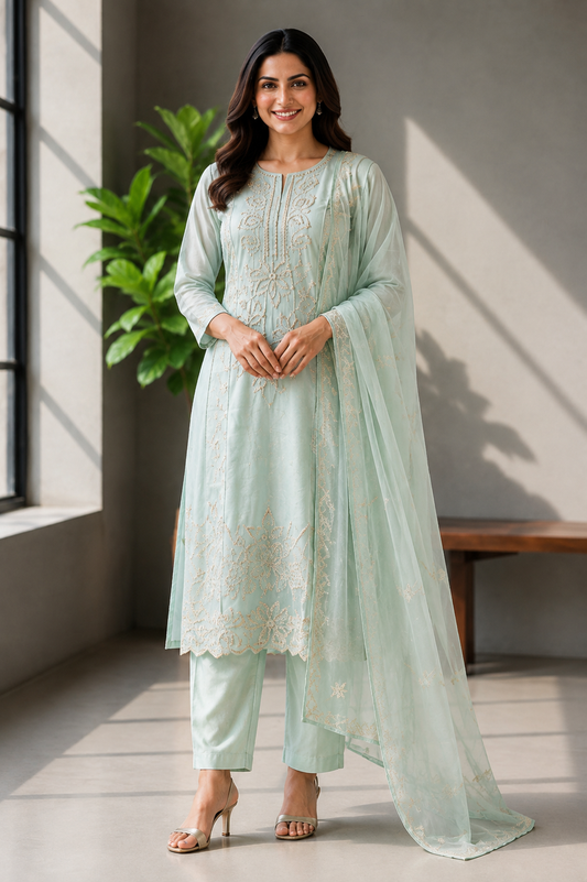Mint Green Hand-Embroidered Silk 3-Piece Suit
