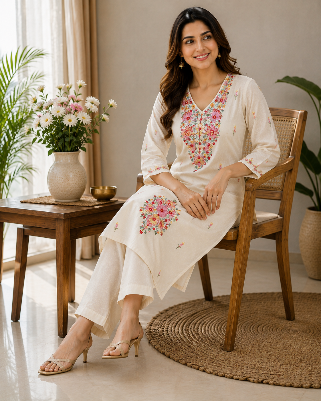 Ivory Floral Embroidered Crepe Co-ord Set