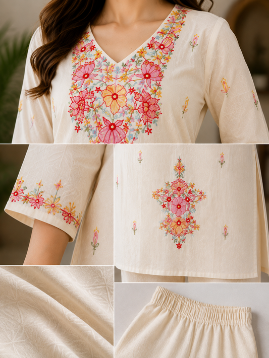Ivory Floral Embroidered Crepe Co-ord Set