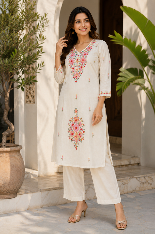 Ivory Floral Embroidered Crepe Co-ord Set