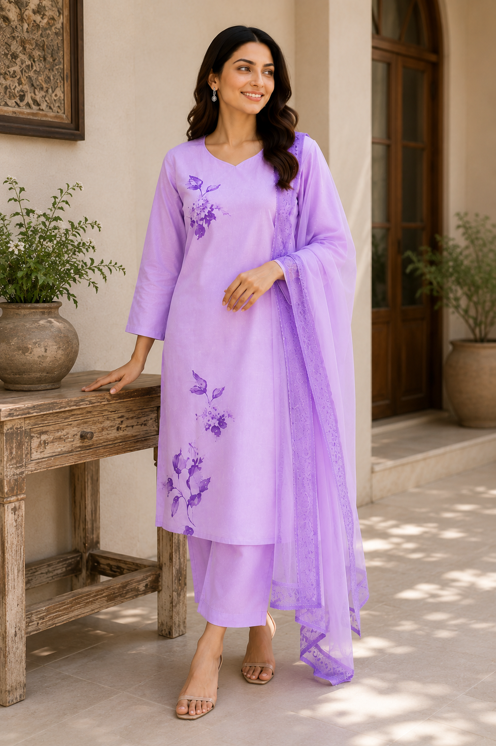 Lavender Floral Printed 3-Piece Suit with Dupatta