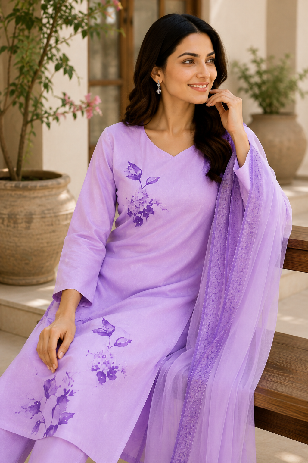 Lavender Floral Printed 3-Piece Suit with Dupatta