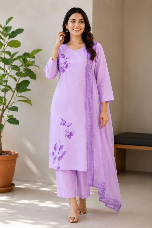 Lavender Floral Printed 3-Piece Suit with Dupatta