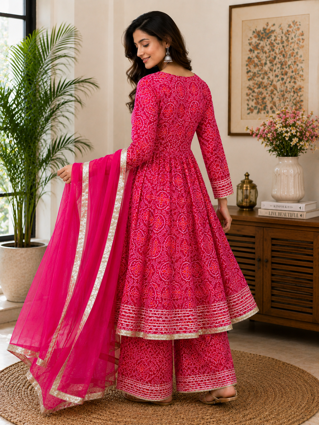 Pink Bandhani-Style Printed Cotton 3-Piece Suit