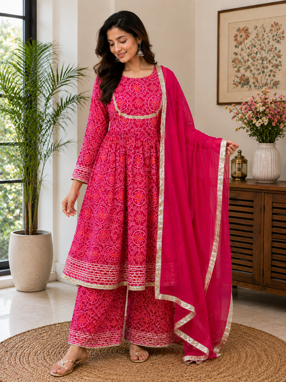 Pink Bandhani-Style Printed Cotton 3-Piece Suit