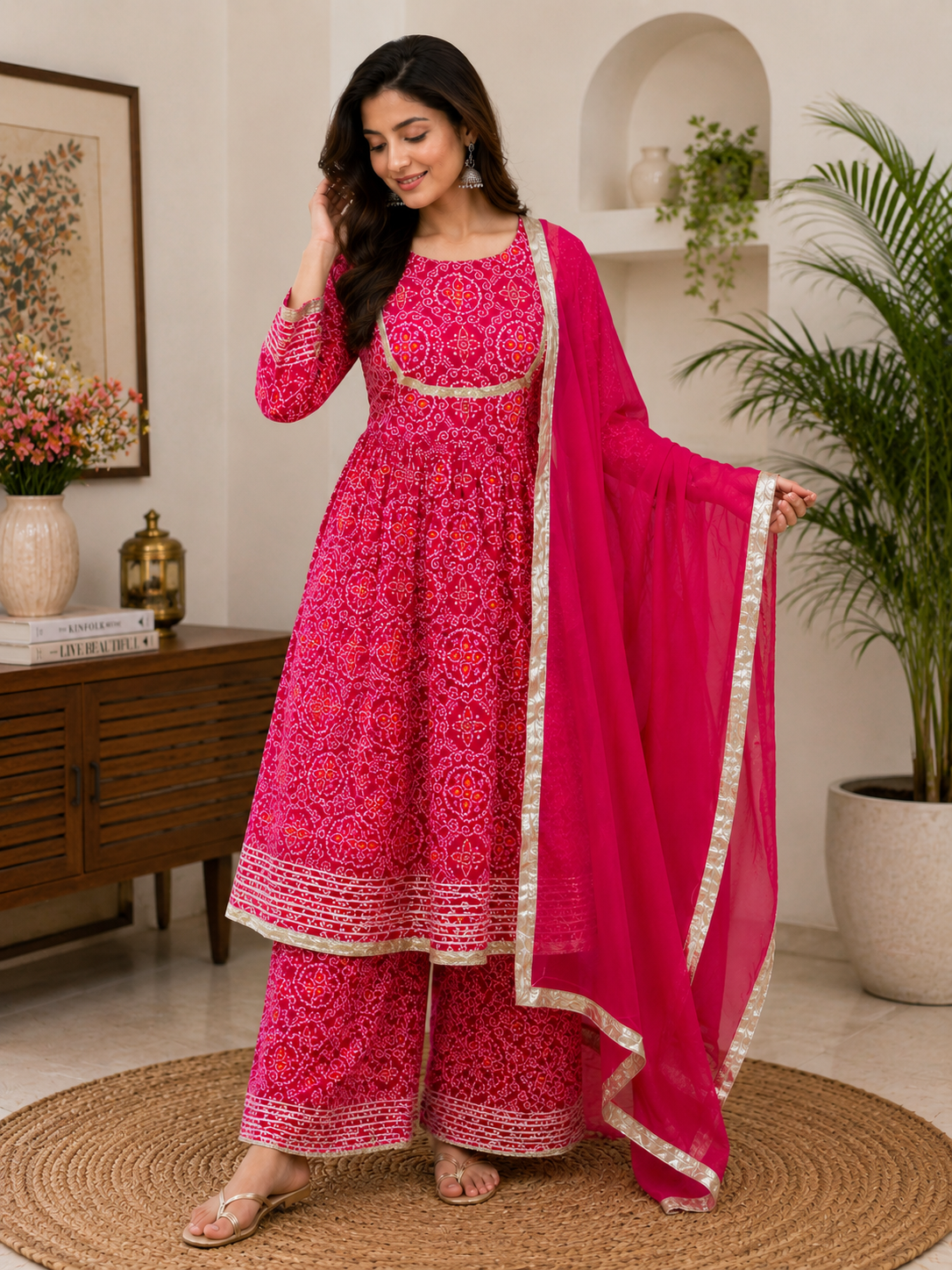 Pink Bandhani-Style Printed Cotton 3-Piece Suit