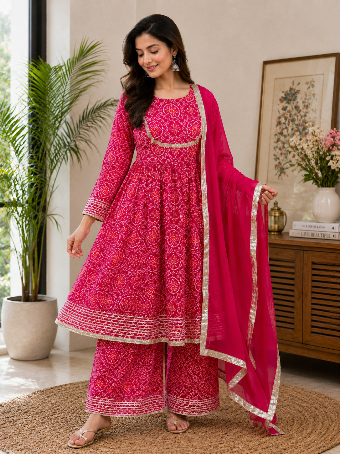 Pink Bandhani-Style Printed Cotton 3-Piece Suit