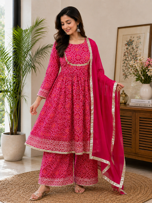 Pink Bandhani-Style Printed Cotton 3-Piece Suit