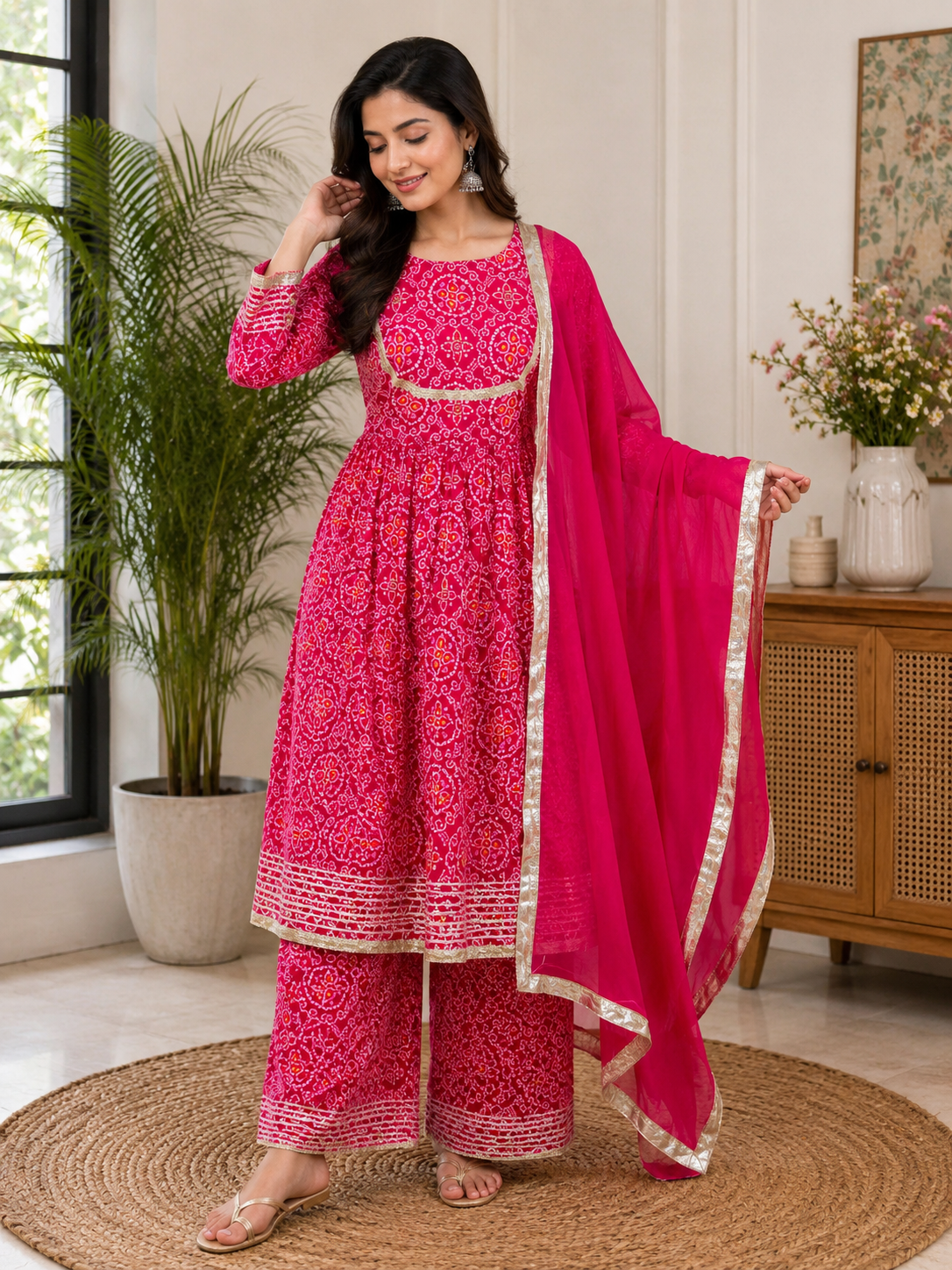 Pink Bandhani-Style Printed Cotton 3-Piece Suit