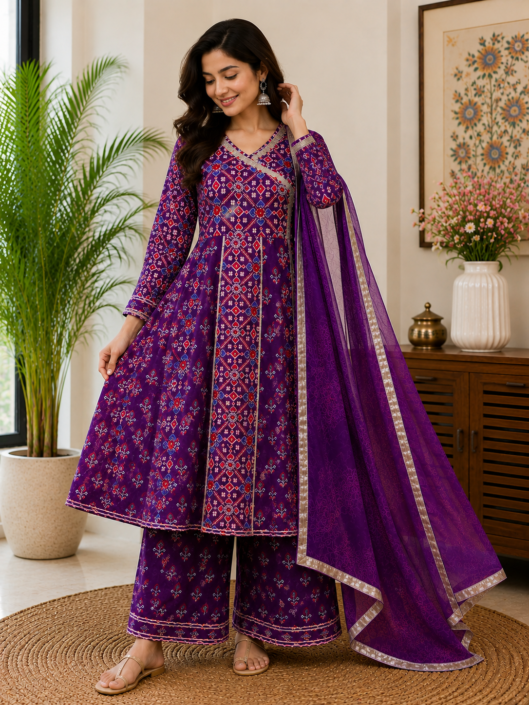 Purple Printed Cotton 3-Piece Suit with Embellished Border