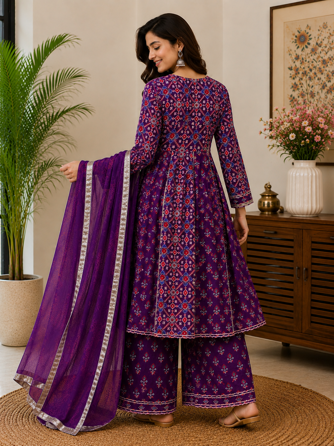 Purple Printed Cotton 3-Piece Suit with Embellished Border