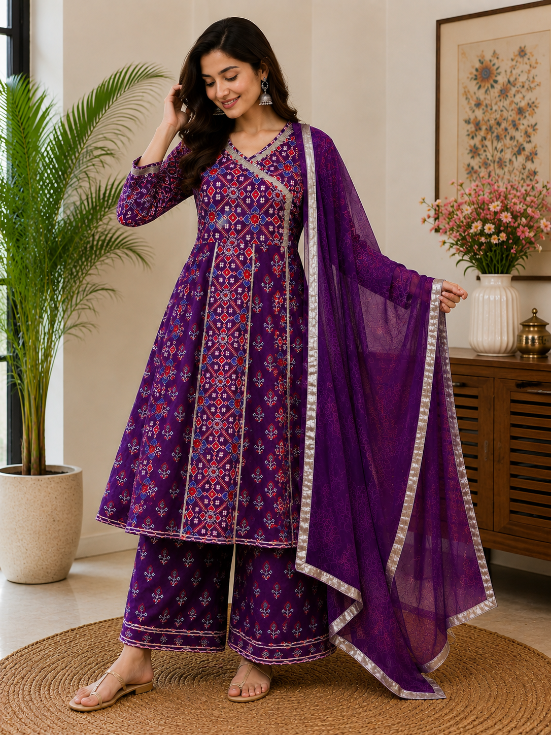 Purple Printed Cotton 3-Piece Suit with Embellished Border