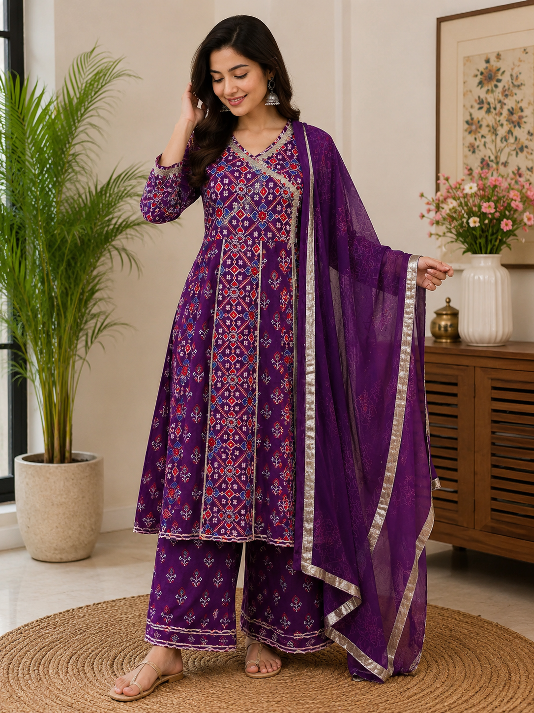 Purple Printed Cotton 3-Piece Suit with Embellished Border