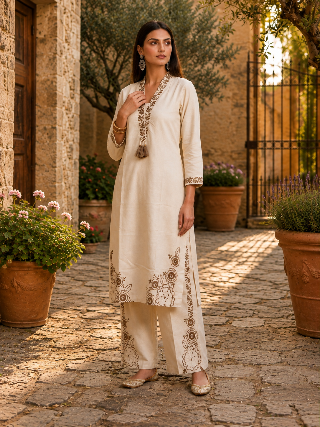 White Floral Embroidered Long Co-ord Set in Khadi Cotton