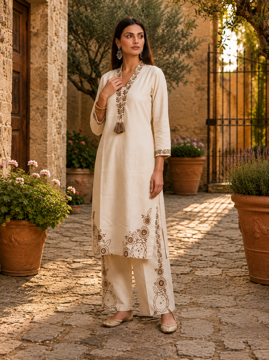 White Floral Embroidered Long Co-ord Set in Khadi Cotton