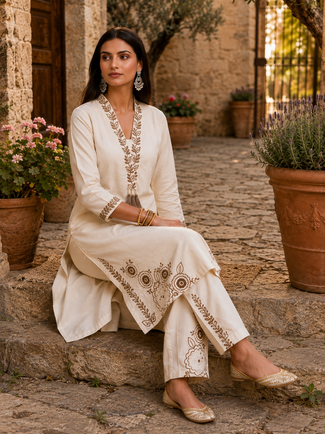White Floral Embroidered Long Co-ord Set in Khadi Cotton