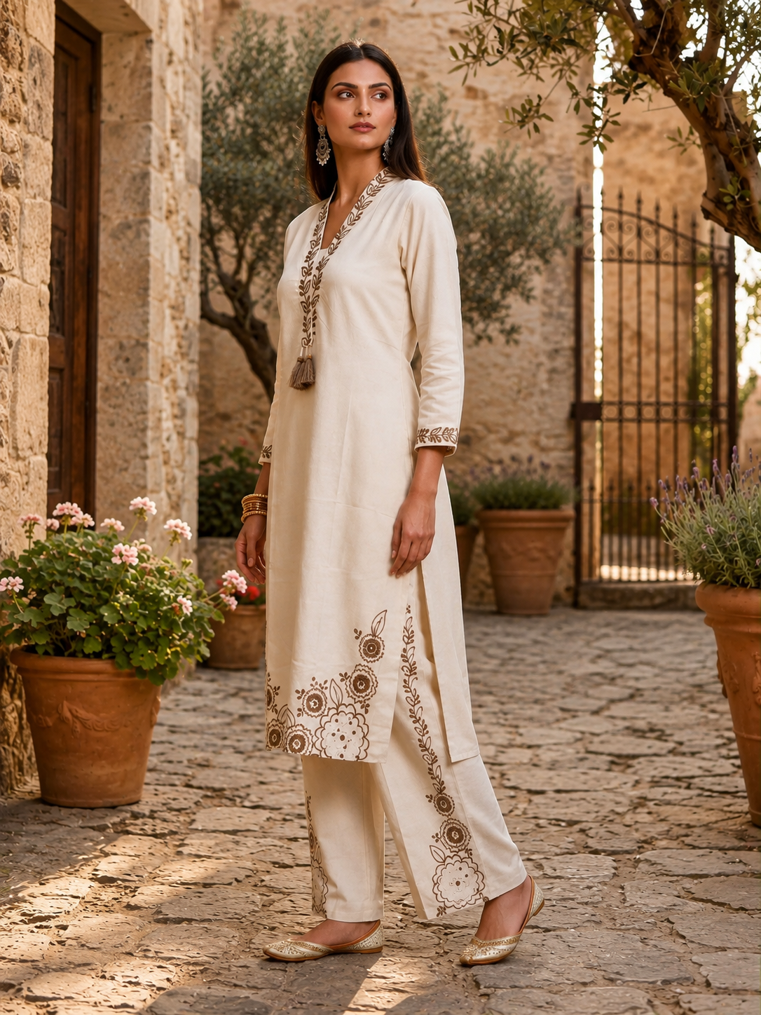 White Floral Embroidered Long Co-ord Set in Khadi Cotton