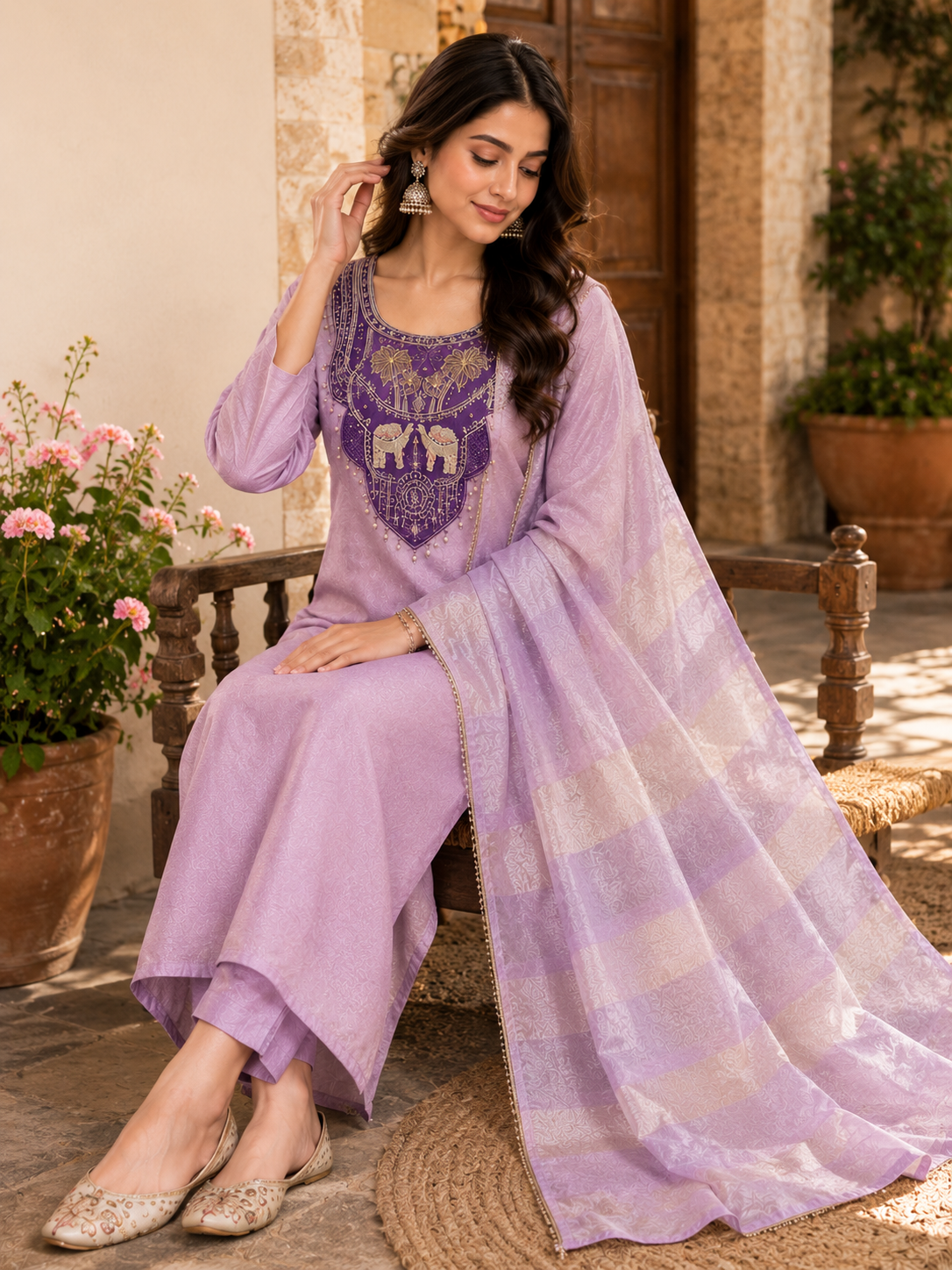 Lavender Fork-Style 3-Piece Suit with Knot & Sequin Work