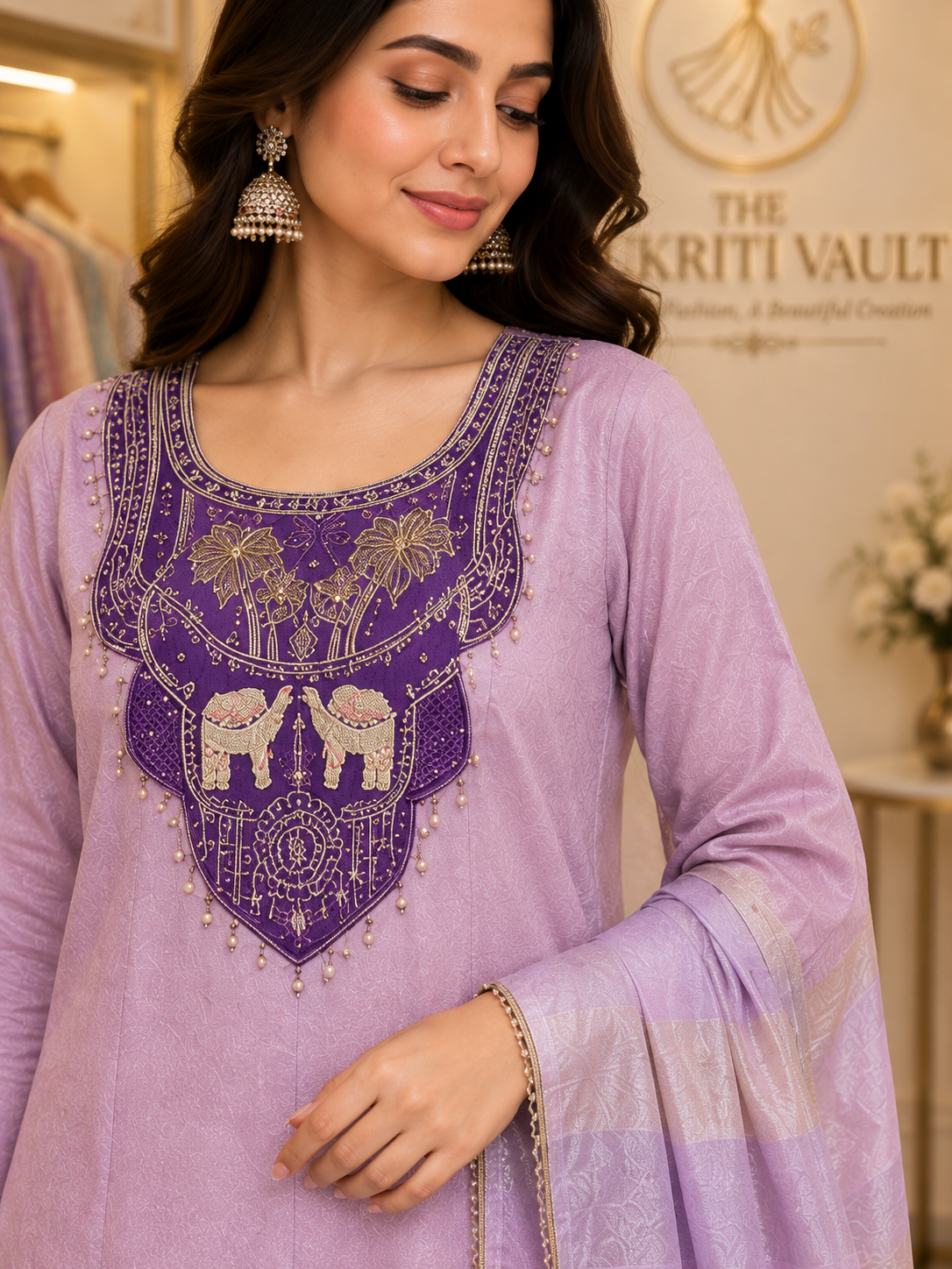 Lavender Fork-Style 3-Piece Suit with Knot & Sequin Work