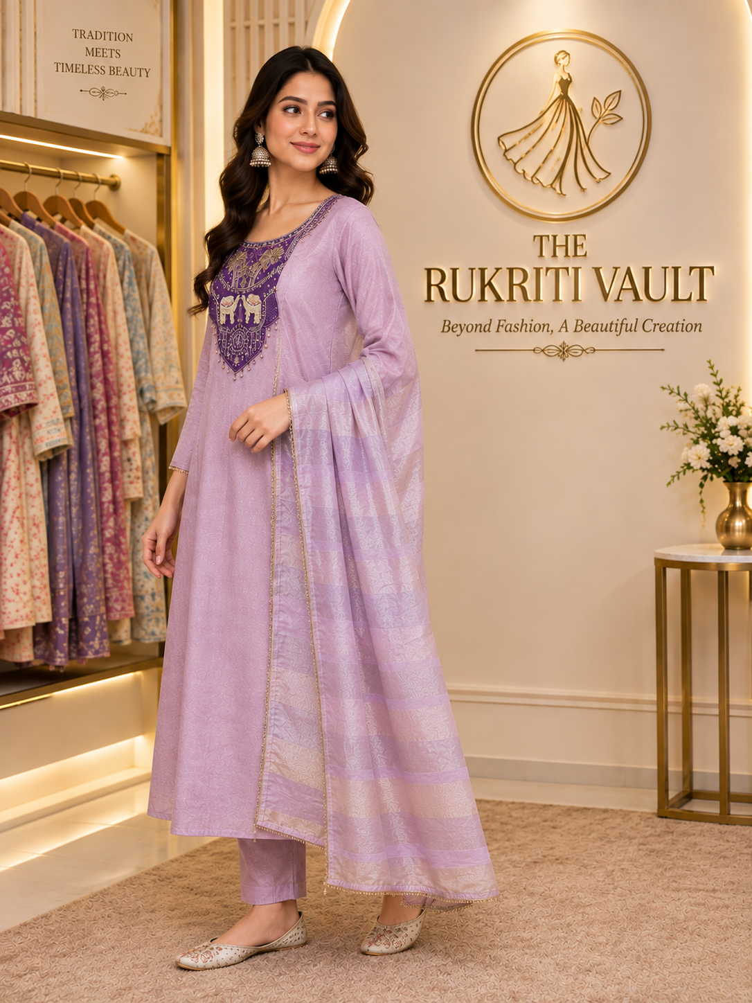 Lavender Fork-Style 3-Piece Suit with Knot & Sequin Work