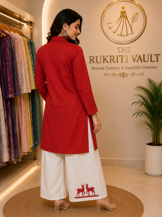 Red & White Deer Motif Cotton Co-ord Set