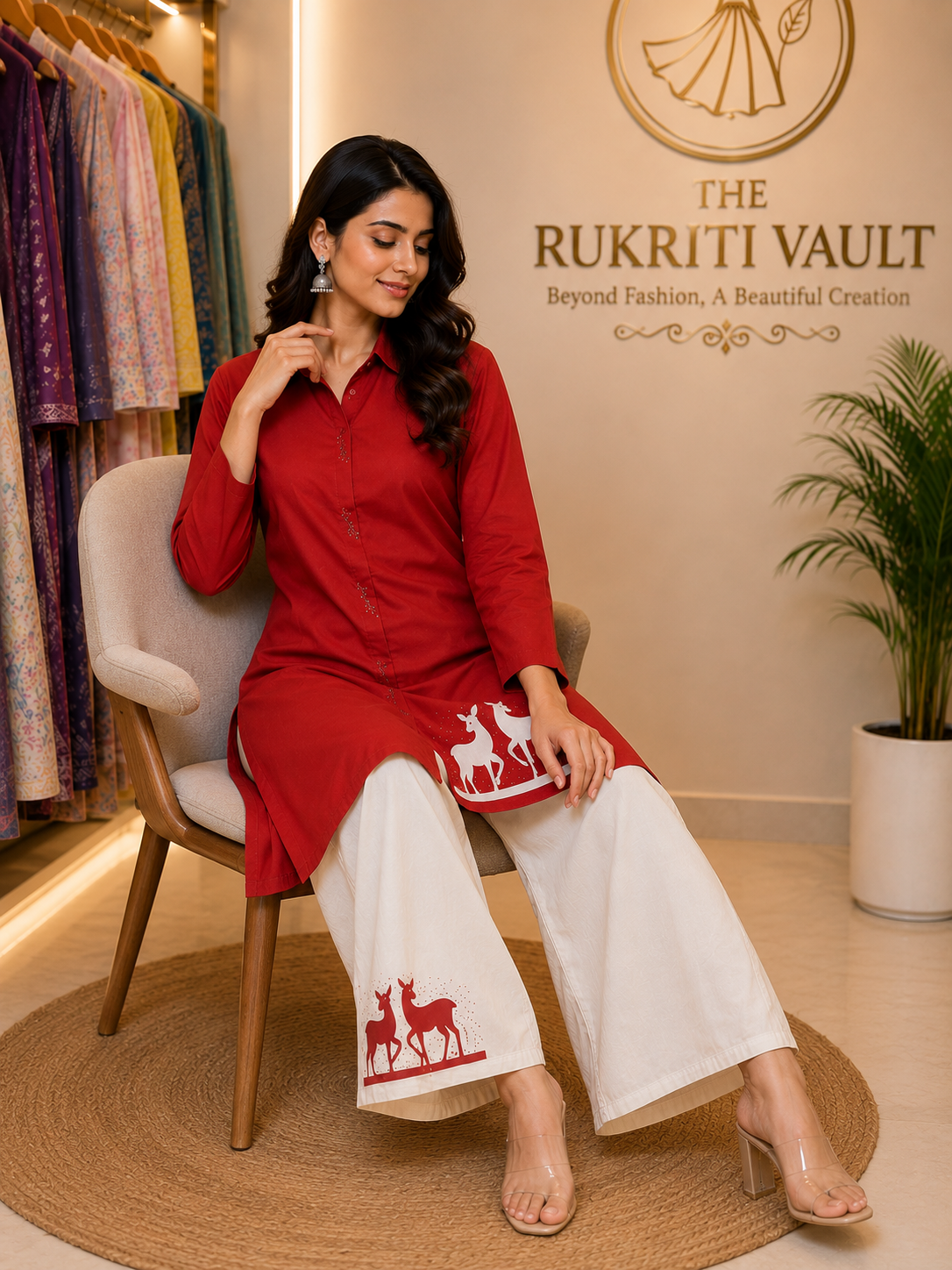 Red & White Deer Motif Cotton Co-ord Set