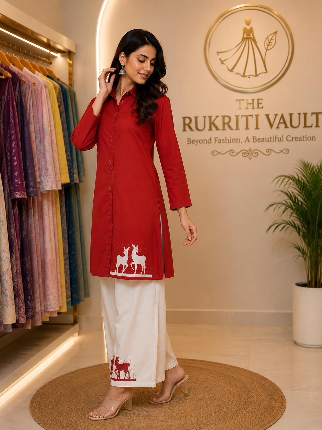 Red & White Deer Motif Cotton Co-ord Set