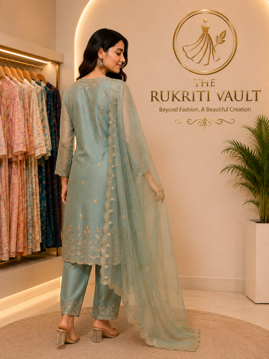 Sage Green Handwork 3-Piece Suit in Cosmo Silk