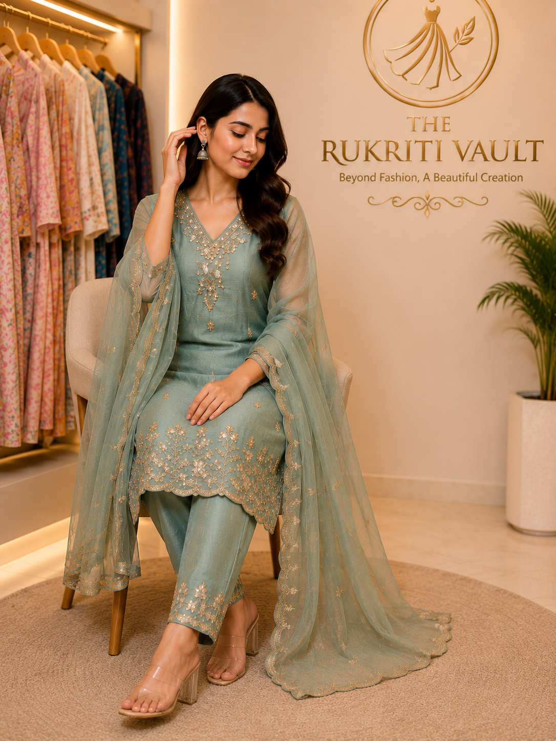 Sage Green Handwork 3-Piece Suit in Cosmo Silk