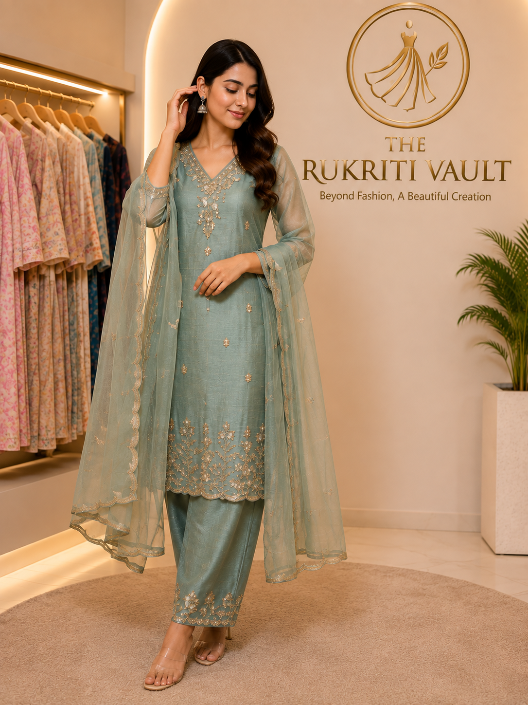 Sage Green Handwork 3-Piece Suit in Cosmo Silk